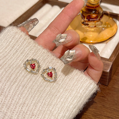 Earring Stud Luxury Niche Hollow Red Zircon Heart Love HXEA0829