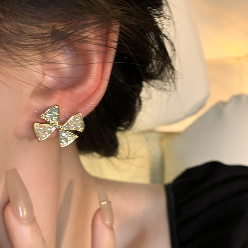 Earring Stud Light Luxury Niche Simple Bow Pearl HXEA0856