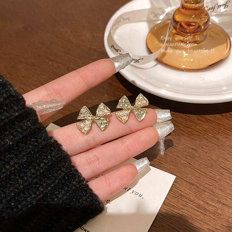 Earring Stud Light Luxury Niche Simple Bow Pearl HXEA0856