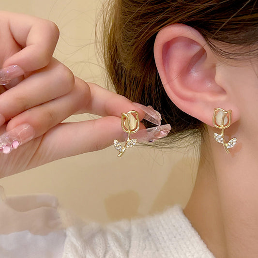 Earring Stud Tulip Flower Cat's Eye HXEA0946