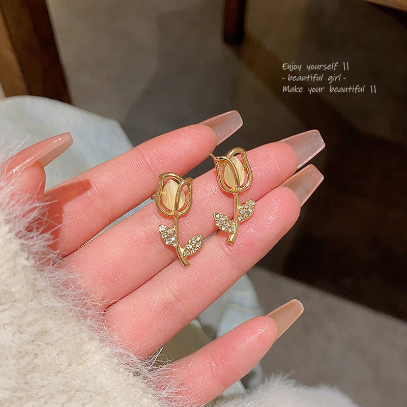 Earring Stud Tulip Flower Cat's Eye HXEA0946