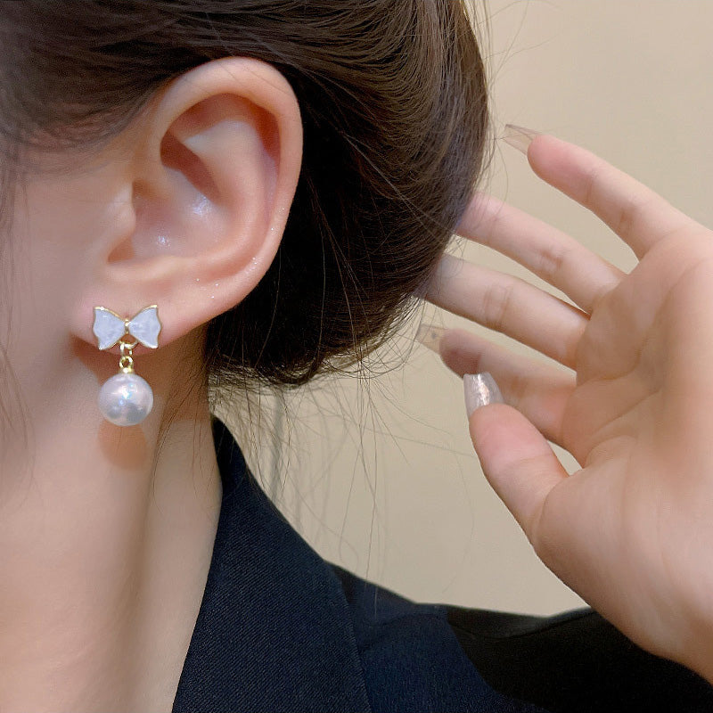 Earring Stud Versatile Temperament Bow Pearl HXEA0955