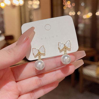 Earring Stud Versatile Temperament Bow Pearl HXEA0955