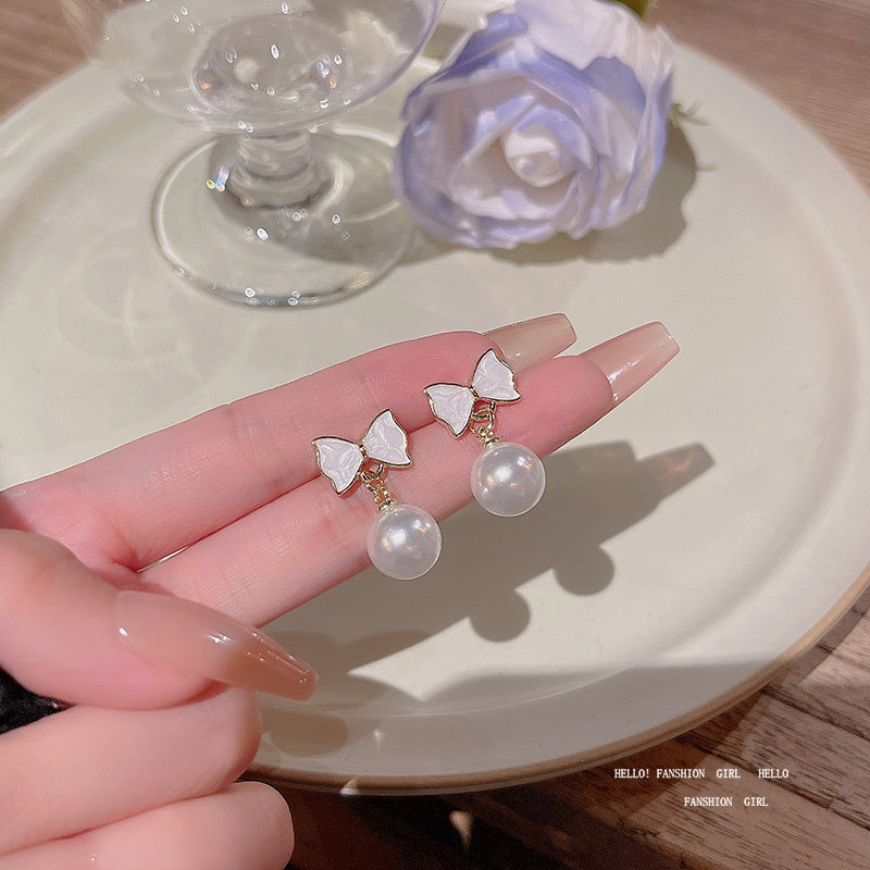 Earring Stud Versatile Temperament Bow Pearl HXEA0955
