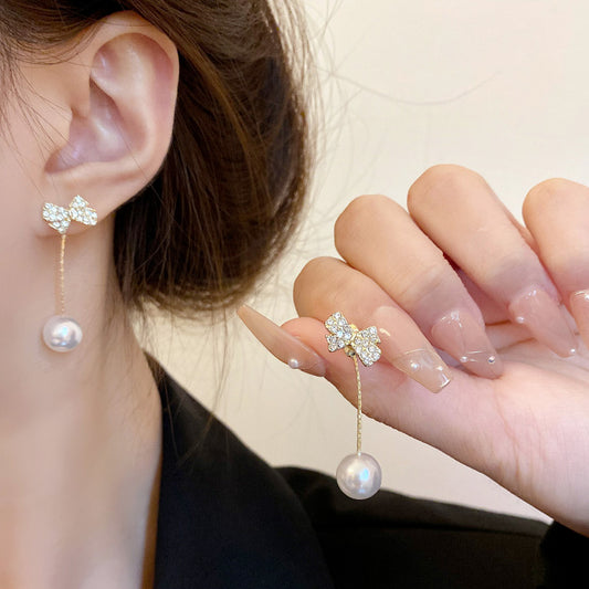 Earring Stud Full Diamond Bow Tassel Pearl HXEA1001
