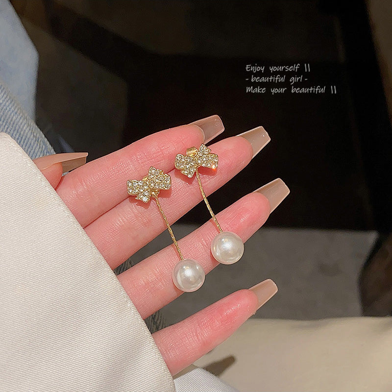 Earring Stud Full Diamond Bow Tassel Pearl HXEA1001