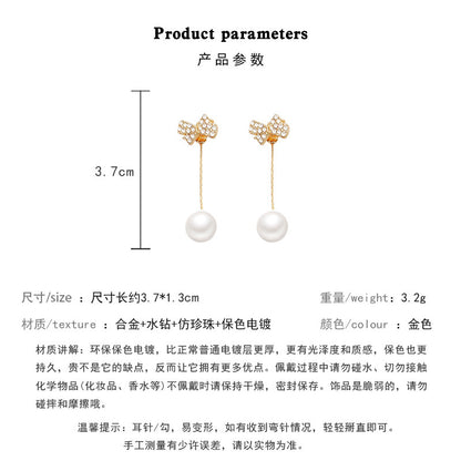 Earring Stud Full Diamond Bow Tassel Pearl HXEA1001