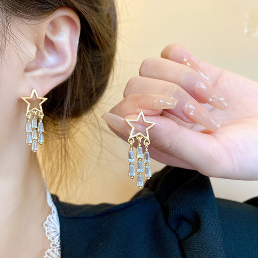 Earring Stud Niche Star Long Tassel Zircon HXEA1029