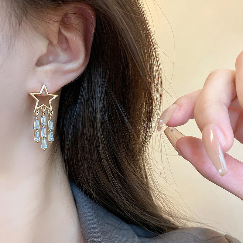 Earring Stud Niche Star Long Tassel Zircon HXEA1029