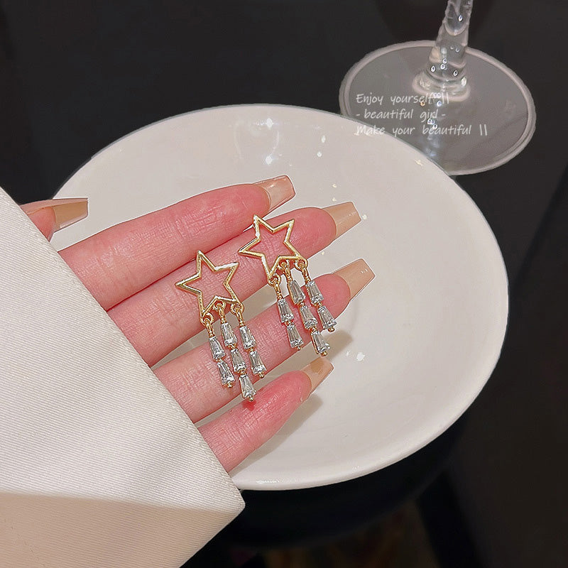Earring Stud Niche Star Long Tassel Zircon HXEA1029