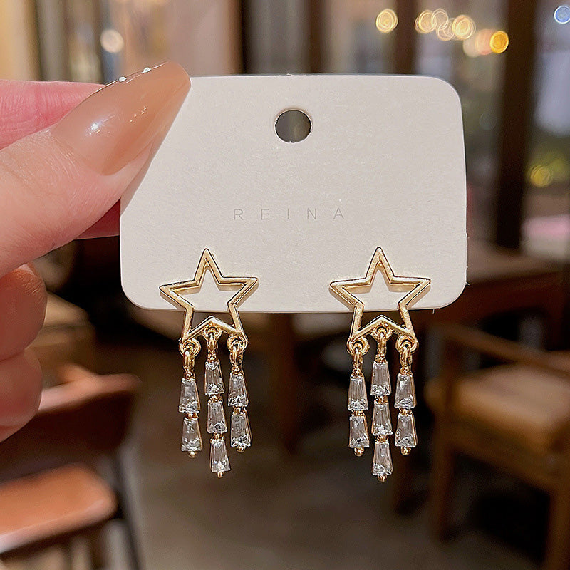 Earring Stud Niche Star Long Tassel Zircon HXEA1029