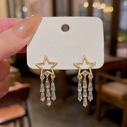 Earring Stud Niche Star Long Tassel Zircon HXEA1029