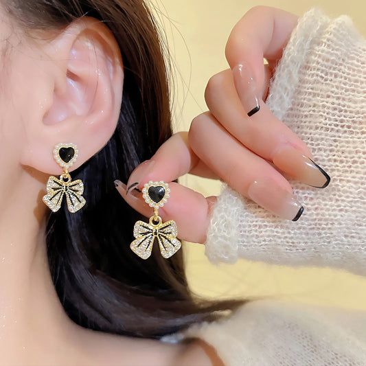 Earring Stud Niche Rhinestone Bow HXEA1084