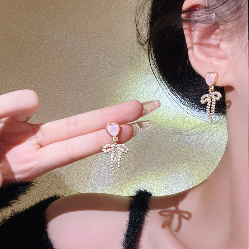 Earring Stud Sweet Pink Love Heart Pearl Bow HXEA1208