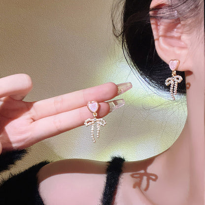 Earring Stud Sweet Pink Love Heart Pearl Bow HXEA1208