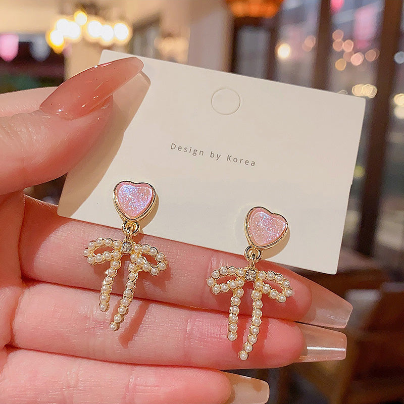 Earring Stud Sweet Pink Love Heart Pearl Bow HXEA1208