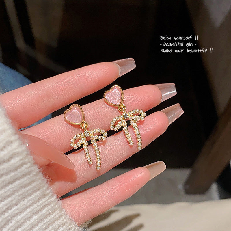 Earring Stud Sweet Pink Love Heart Pearl Bow HXEA1208