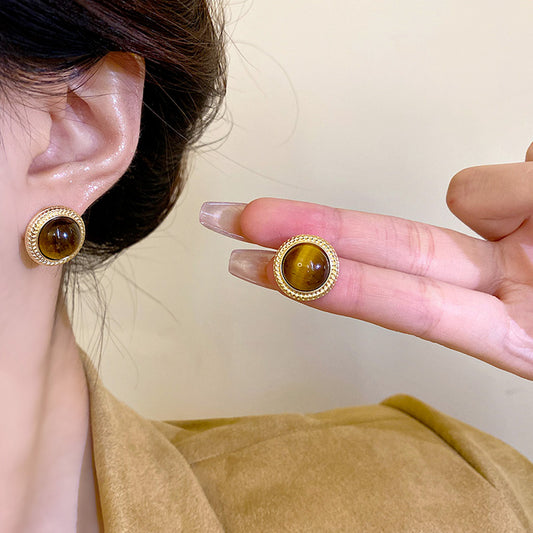 Earring Stud Maillard Tiger Eye Stone Round HXEA1298