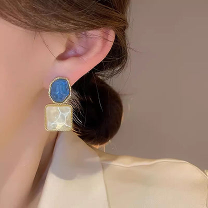 Earring Stud Niche Asymmetric Dreamy White Blue Square HXEA1319