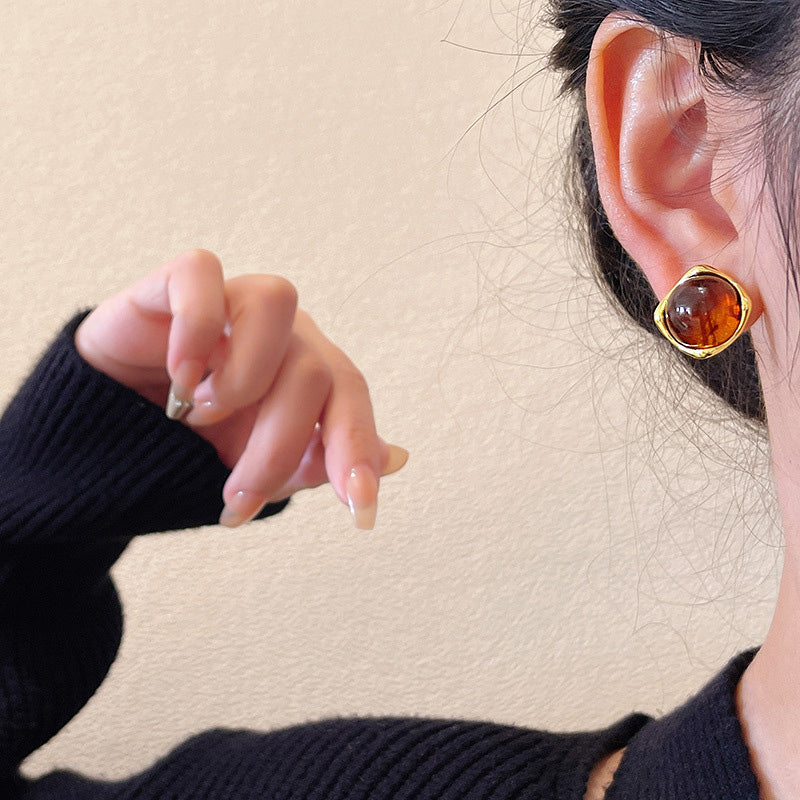 Earring Stud Maillard Style Oval Tiger Eye HXEA1349