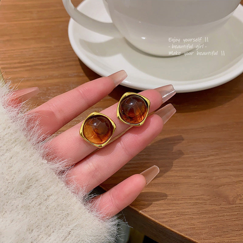 Earring Stud Maillard Style Oval Tiger Eye HXEA1349
