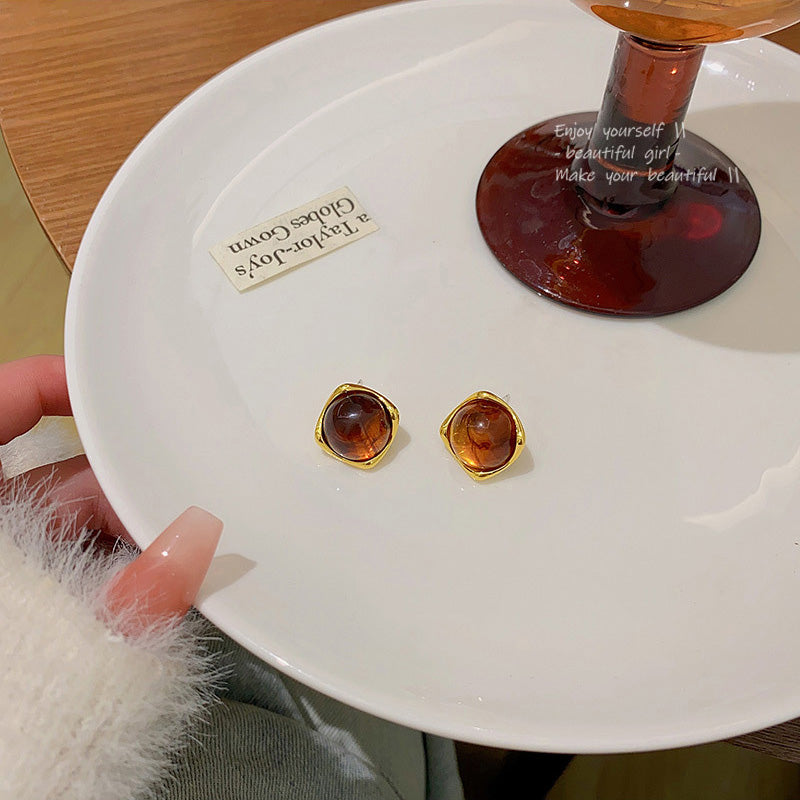 Earring Stud Maillard Style Oval Tiger Eye HXEA1349