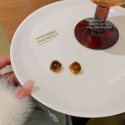 Earring Stud Maillard Style Oval Tiger Eye HXEA1349