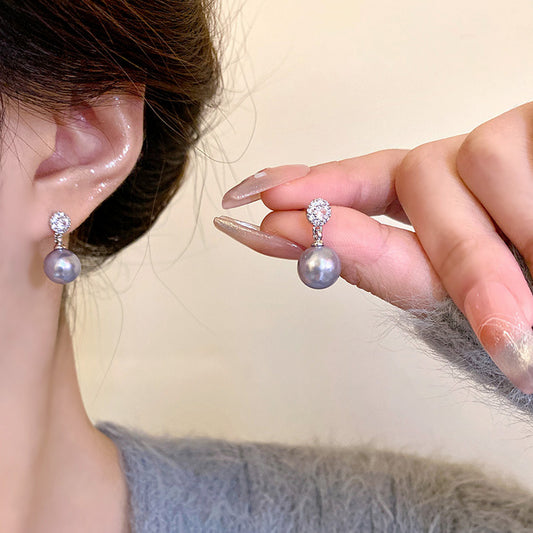 Earring Stud Micro Paved Zircon Geometric Niche Gray Pearl HXEA1374
