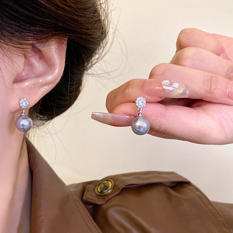 Earring Stud Micro Paved Zircon Geometric Niche Gray Pearl HXEA1374