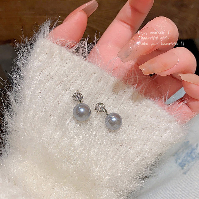 Earring Stud Micro Paved Zircon Geometric Niche Gray Pearl HXEA1374