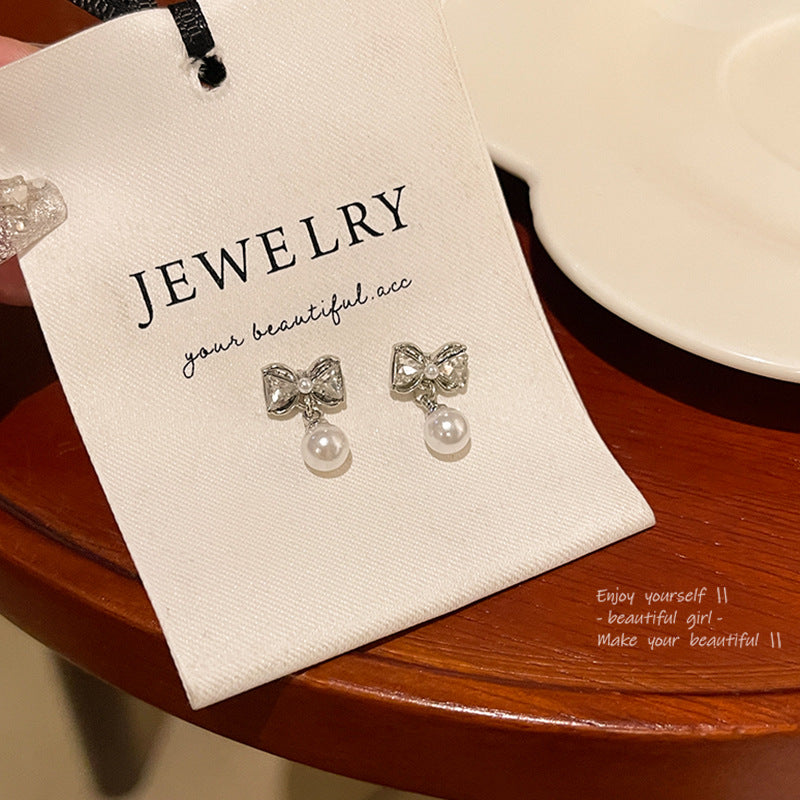 Earring Stud Light Luxury Niche Simple Zircon Bow Pearl HXEA1405