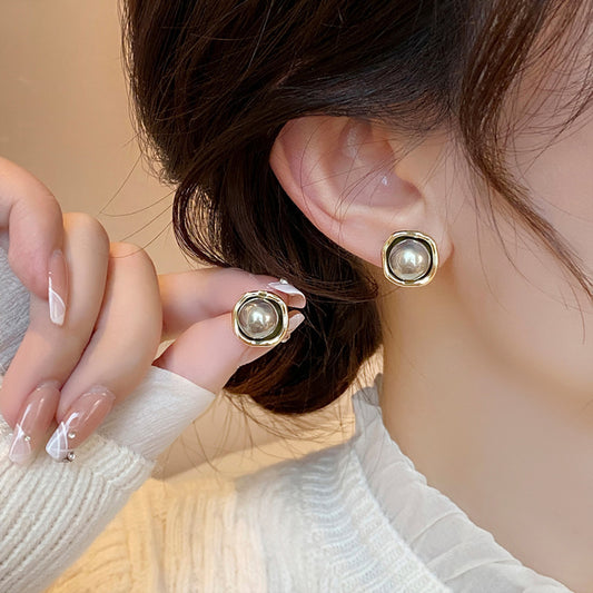 Earring Stud Simple Retro Silver Gray Pearl HXEA1412