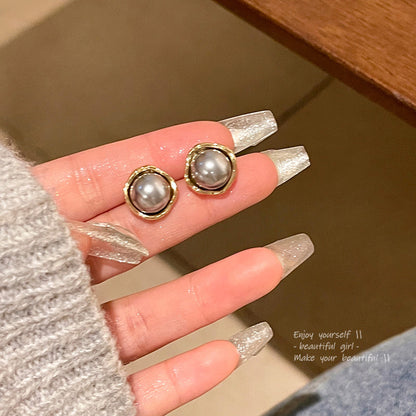 Earring Stud Simple Retro Silver Gray Pearl HXEA1412