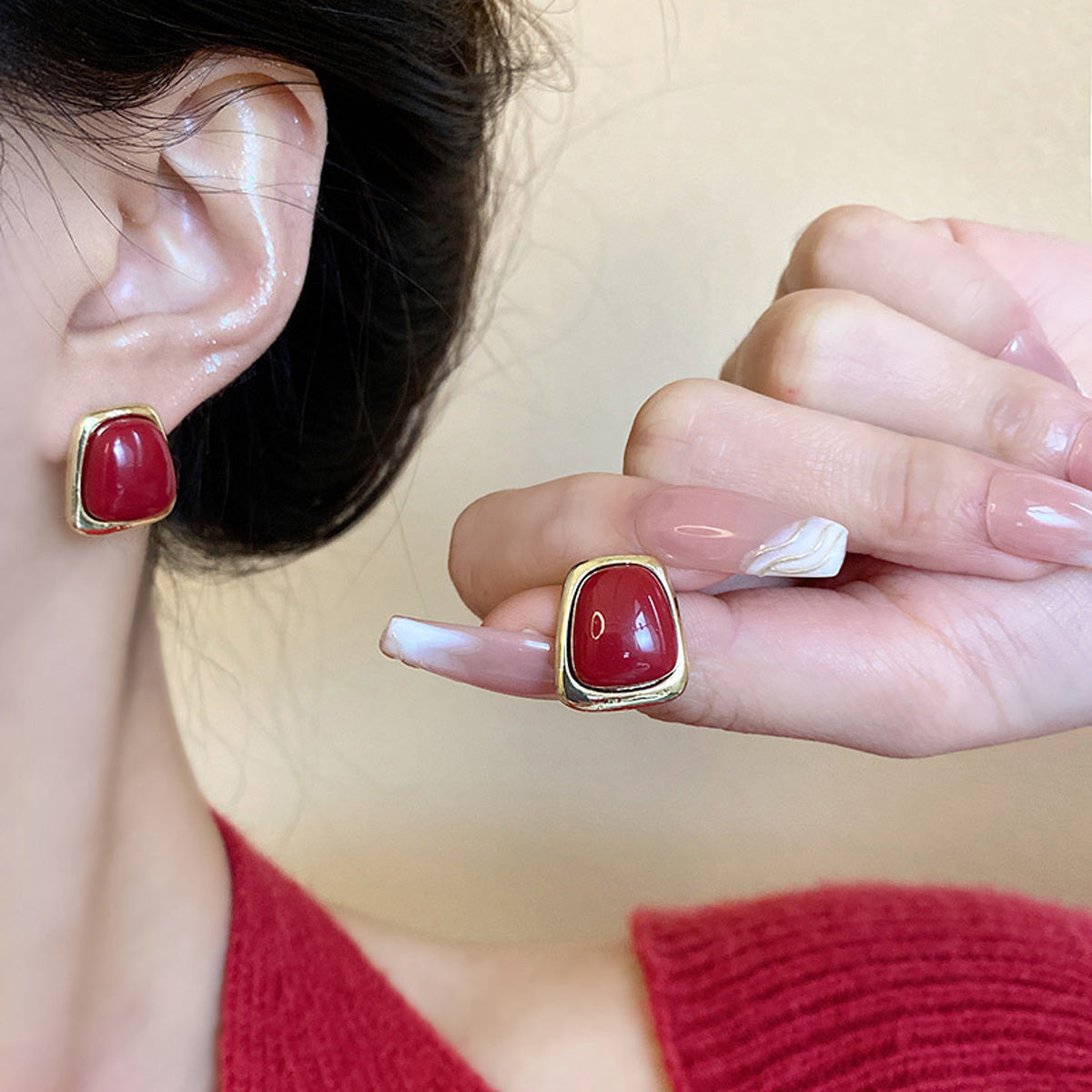 Earring Stud Retro Hong Kong Style Simple Geometric Red Drip Glaze HXEA1466