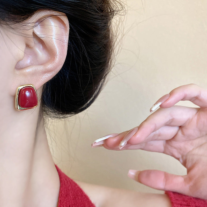 Earring Stud Retro Hong Kong Style Simple Geometric Red Drip Glaze HXEA1466