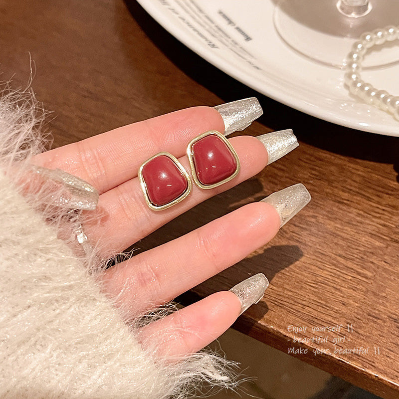 Earring Stud Retro Hong Kong Style Simple Geometric Red Drip Glaze HXEA1466