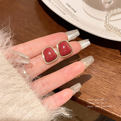 Earring Stud Retro Hong Kong Style Simple Geometric Red Drip Glaze HXEA1466