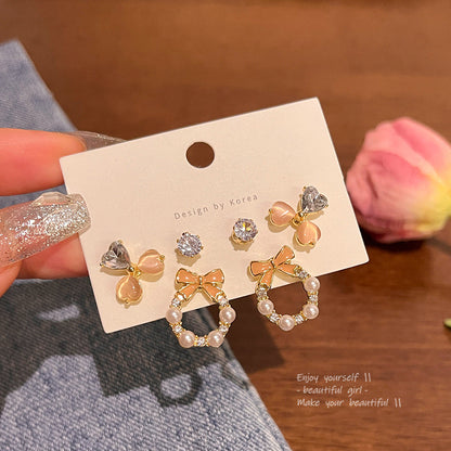 Earring Stud Set Bow Small Super Flash Zircon Pearl HXEA1496