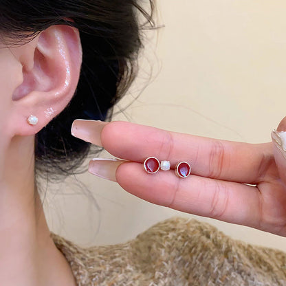 Earring Stud Simple Pearl Temperament Red Geometric HXEA1512