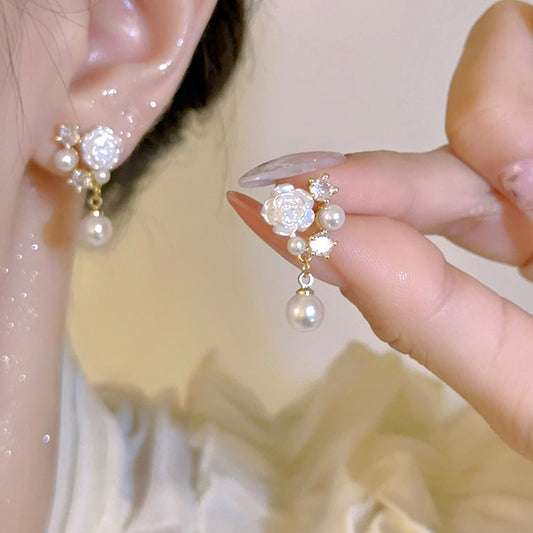 Earring Stud Niche Pearl Camellia Flower HXEA1525