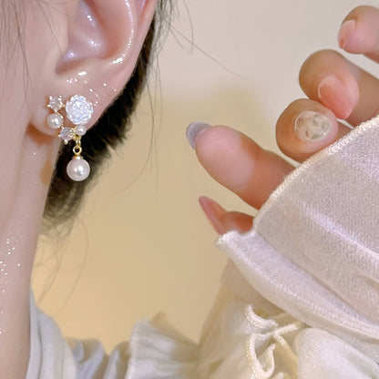 Earring Stud Niche Pearl Camellia Flower HXEA1525
