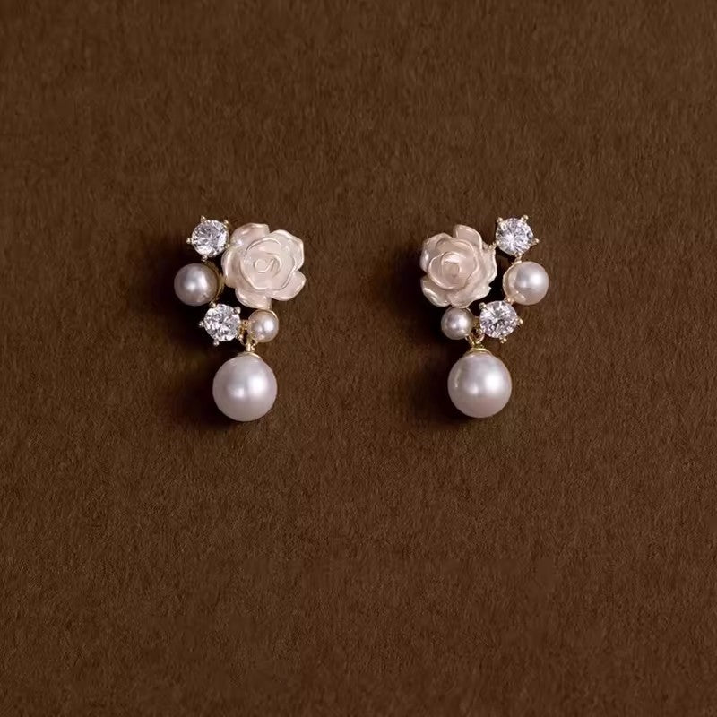 Earring Stud Niche Pearl Camellia Flower HXEA1525