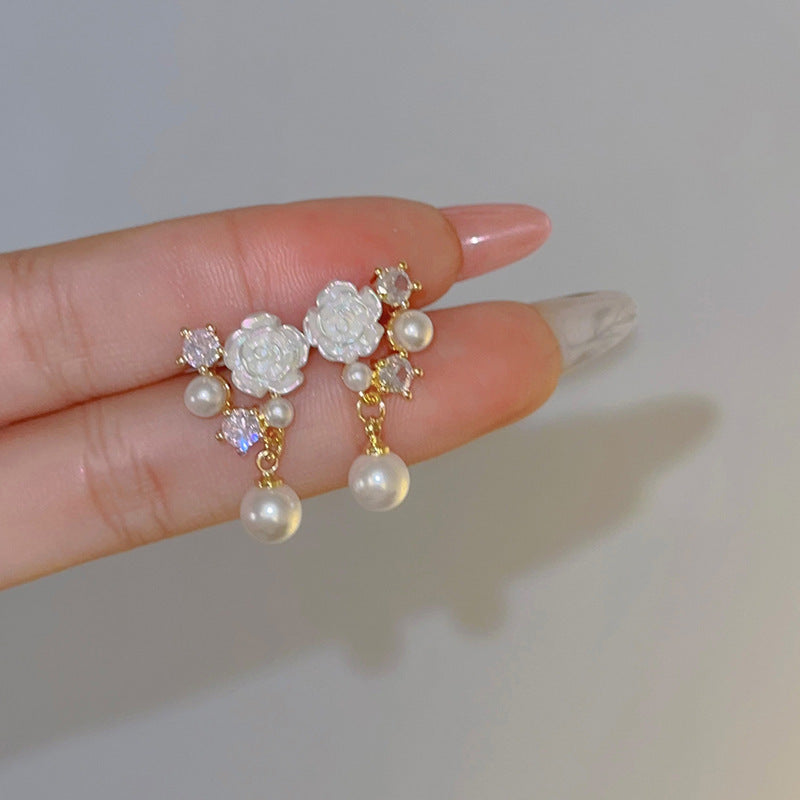 Earring Stud Niche Pearl Camellia Flower HXEA1525