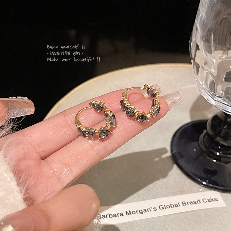 Earring Hoop Light Luxury Niche Black Zircon Heart HXEA1577