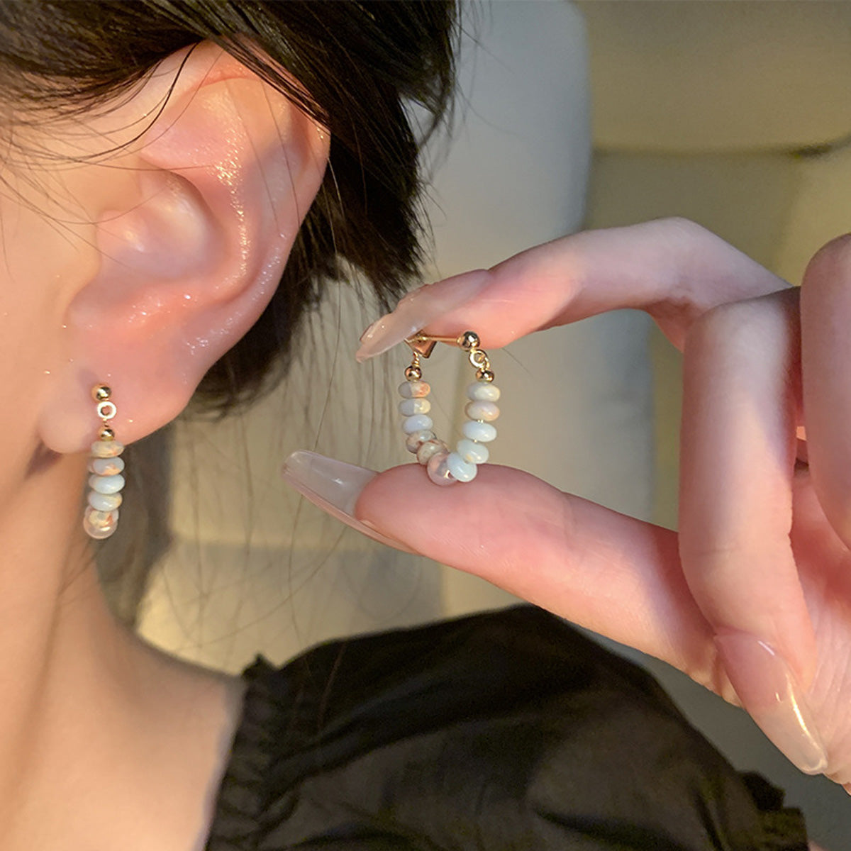 Earring Huggie Dopamine Color Beads Pearl HXEA1759
