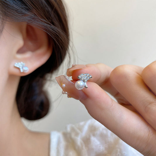 Earring Stud Cold Style Simple Ginkgo Leaf Pearl HXEA1786