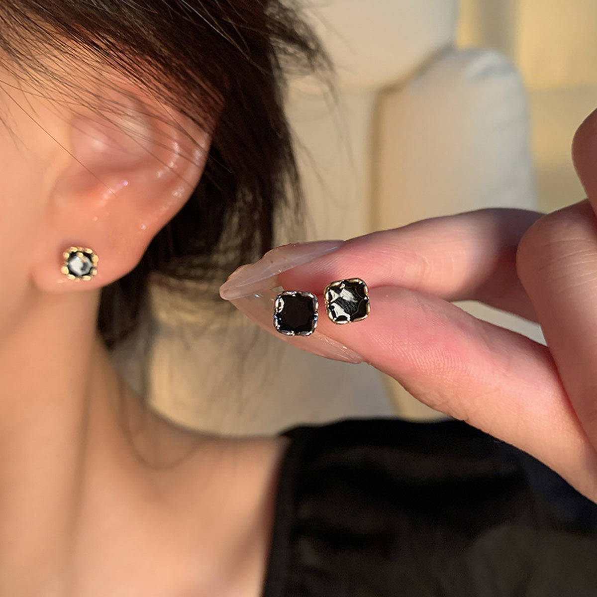 Earring Stud Simple Small Square Drip Glaze Geometric HXEA1789