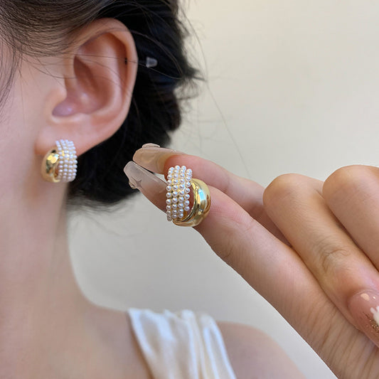 Earring Huggie Retro Geometric Pearl HXEA1828