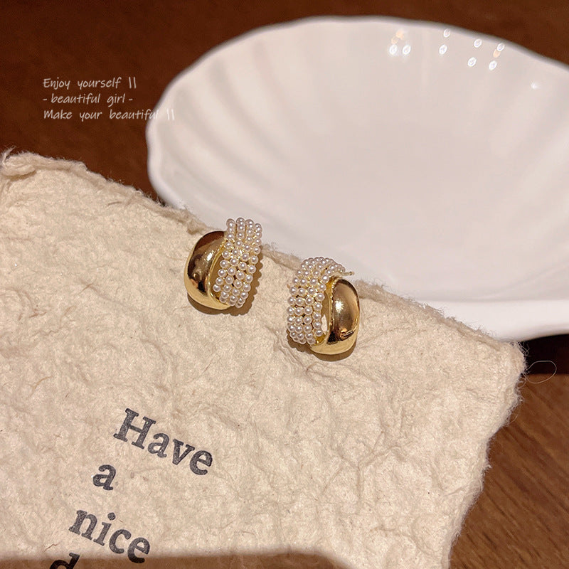 Earring Huggie Retro Geometric Pearl HXEA1828