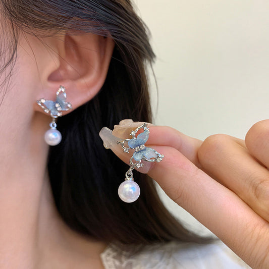 Earring Stud Blue Butterfly Pearl HXEA1829